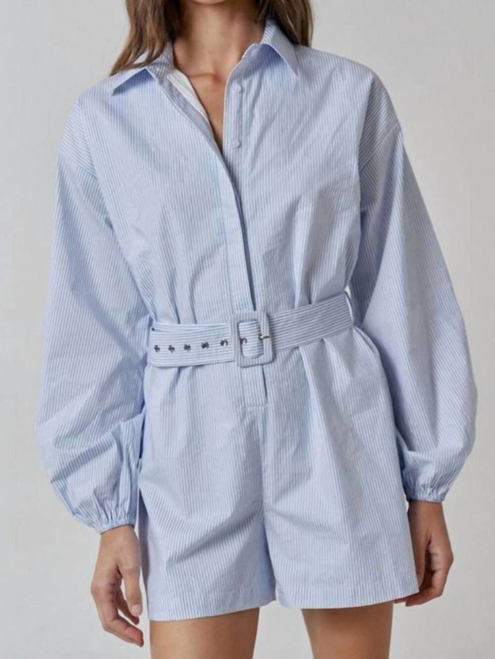 LALAVON stripe belted romper in blue striped Cotton Brand New Long sleeve